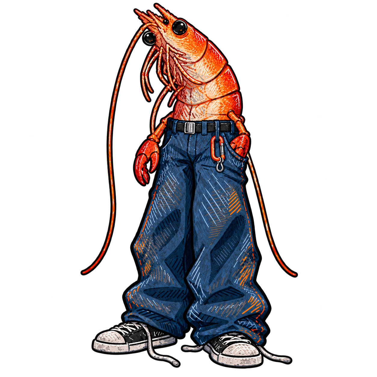 A very serious orange prawn wearing absurdly oversized blue jeans and sneakers